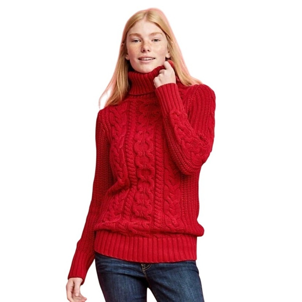 GAP Women's‎ Sweater Large Red Cable Knit Turtleneck Tunic Winter Preppy Holiday